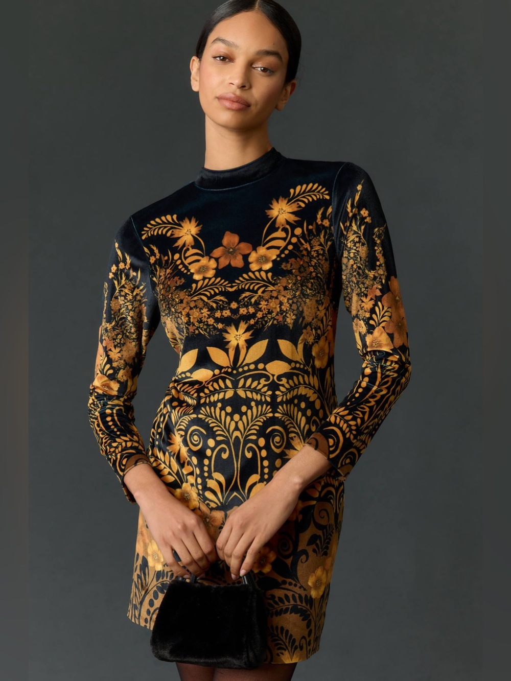 Anthropologie Printed Velvet Mock Neck Mini Dress - Size L